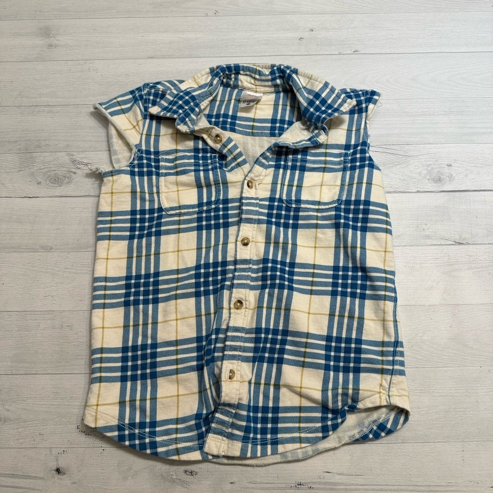 Hanna Andersson girls sleeveless plaid flannel button down shirt blue 130/8